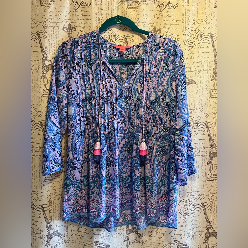 Lilly Pulitzer Marilina Tunic Purple Iris Hello Sunshine Engineered Top XS